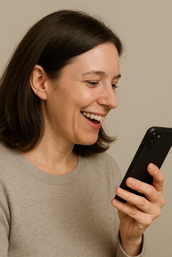                                   쳇지피티가 보내 준 핸드폰 보며 재밌어하는 여자 모습 