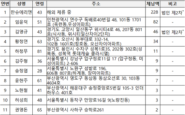 신규 공개 개인 11명. (체납액 433억 원, 단위:억원)